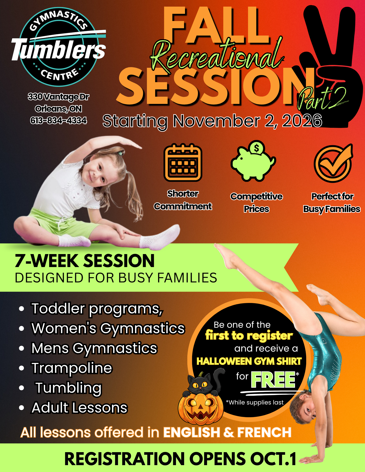 Fall gymnastics lessons in Orleans Ottawa at Tumblers Gymnastics Centre. Begins November 2nd and is 7 weeks long. For toddlers, kids and adults.