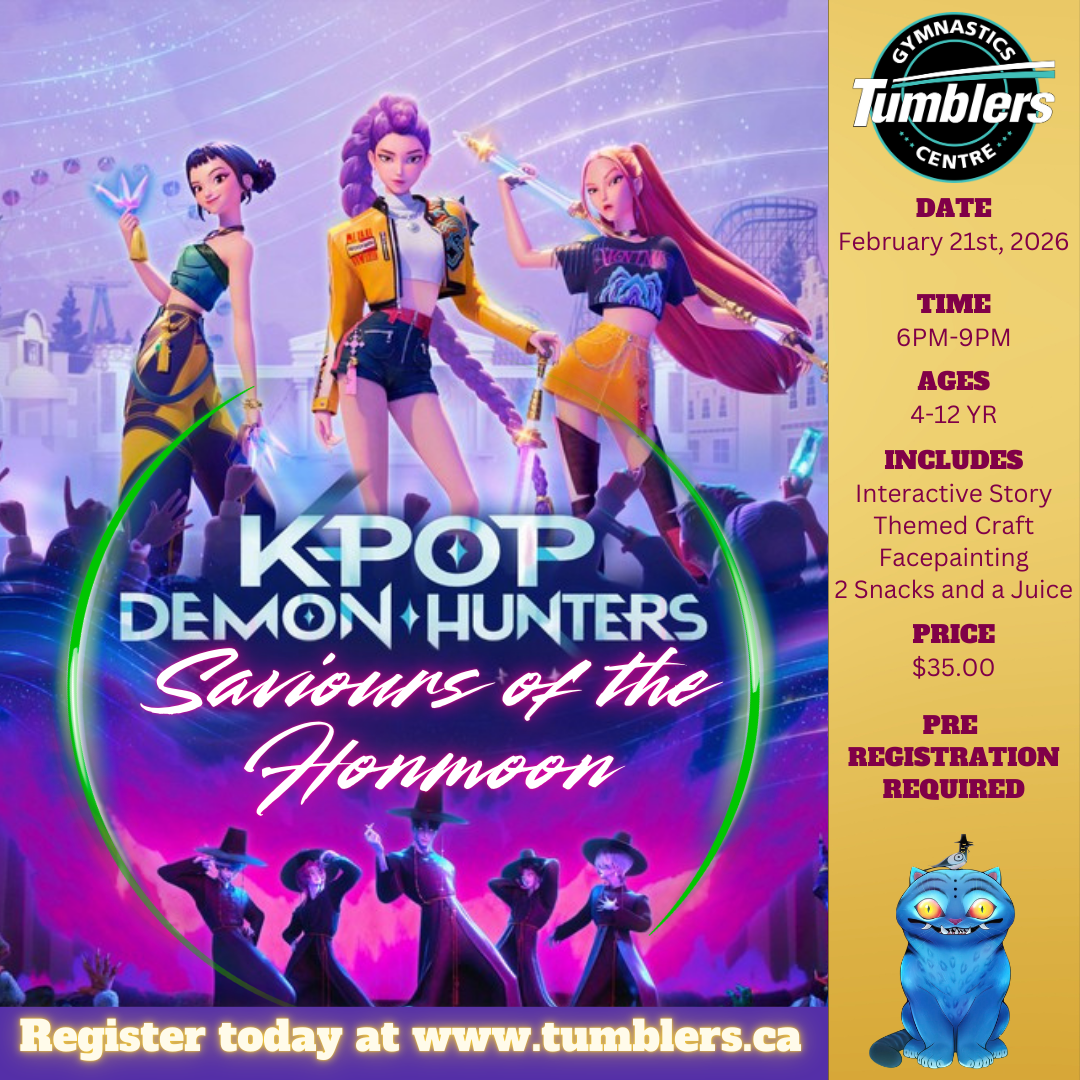 Colorful promotional poster for a children's Disney-themed event called 'K-POP Demon Hunters: Sirens of the Hoonmoon,' featuring animated female characters and a group of witches, with details about the date, time, age range, activities, price, and r