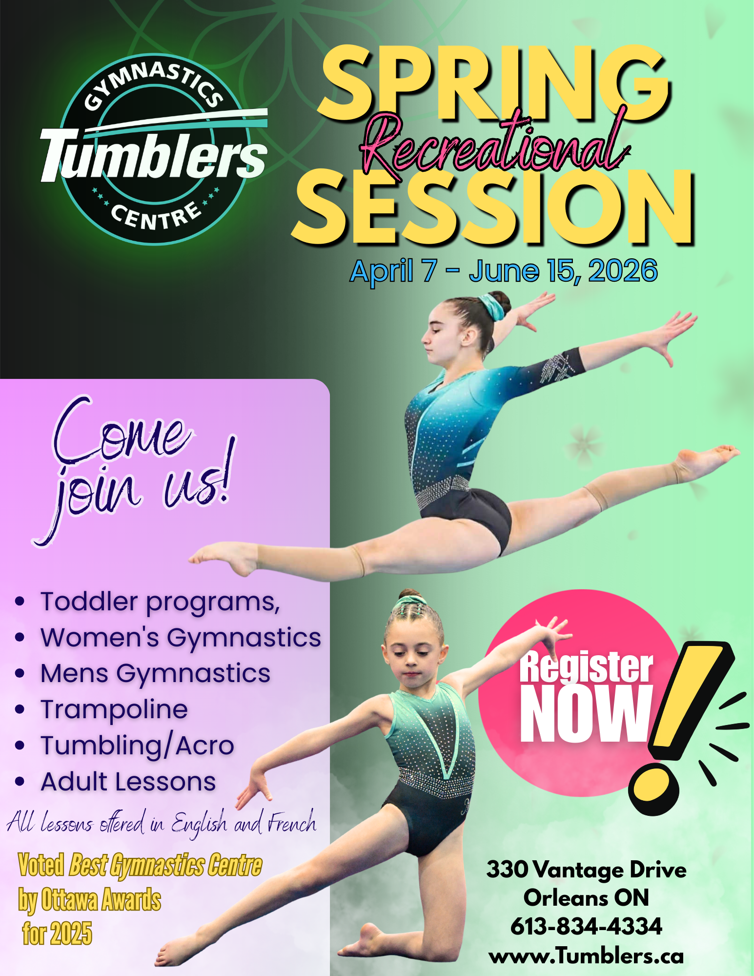 Spring Rec Session for Tumblers Gymnastics. Features black and green backgroudn with two gymnasts and list of all programs available in english and french on purple background. Voted best gymnastics centre in ottawa for 2025.
