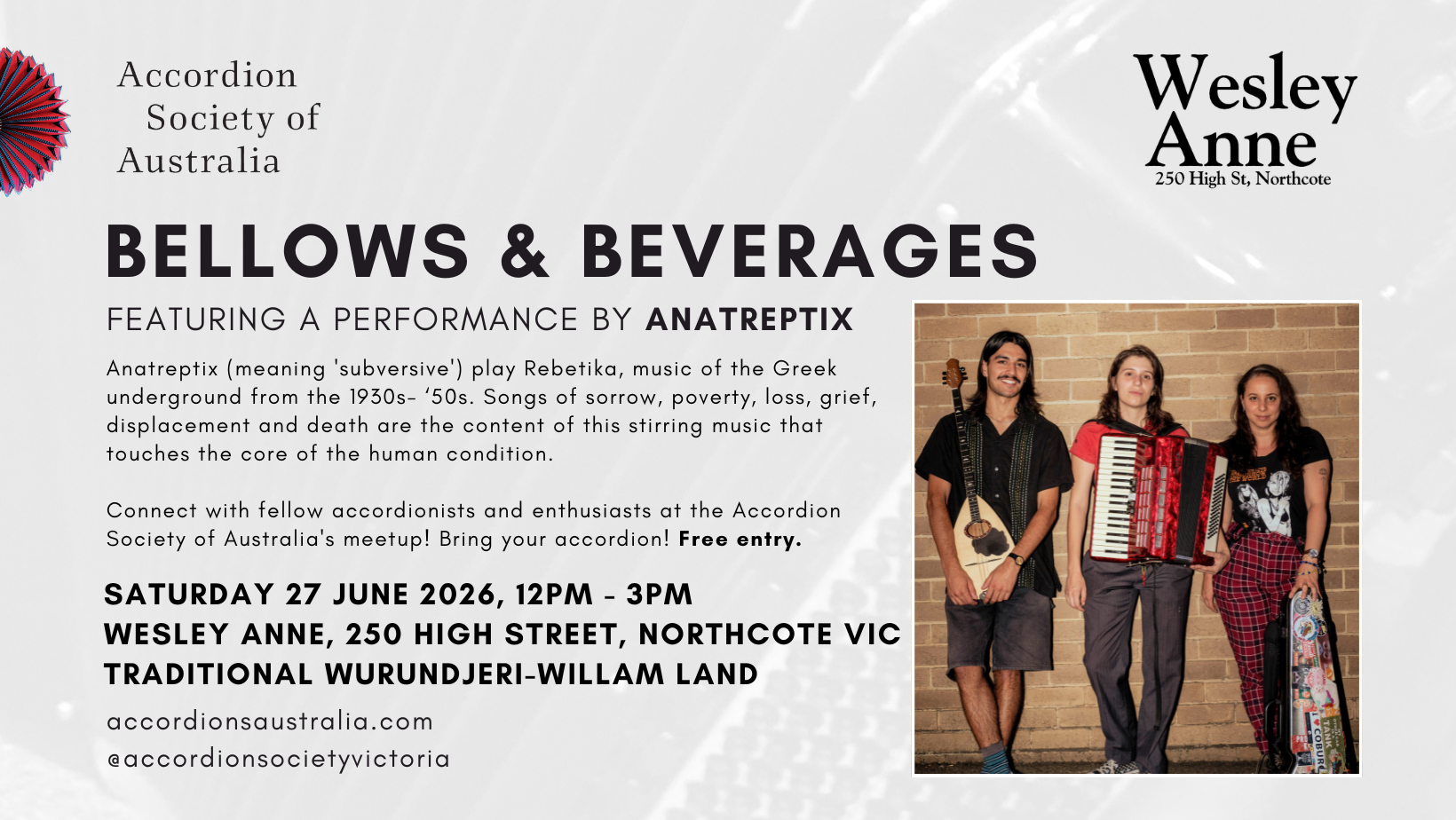 ASA Victoria Bellows &amp; Beverages - June 2026 Melbourne accordion meetup