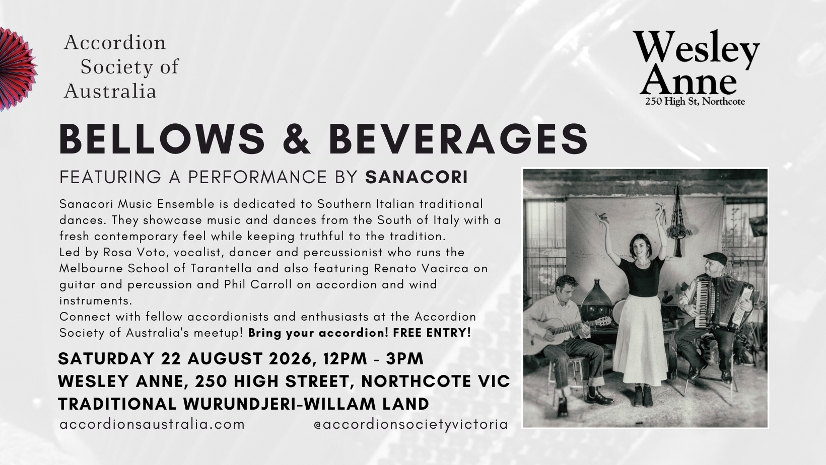ASA Victoria Bellows &amp; Beverages - August 2026 Melbourne accordion meetup