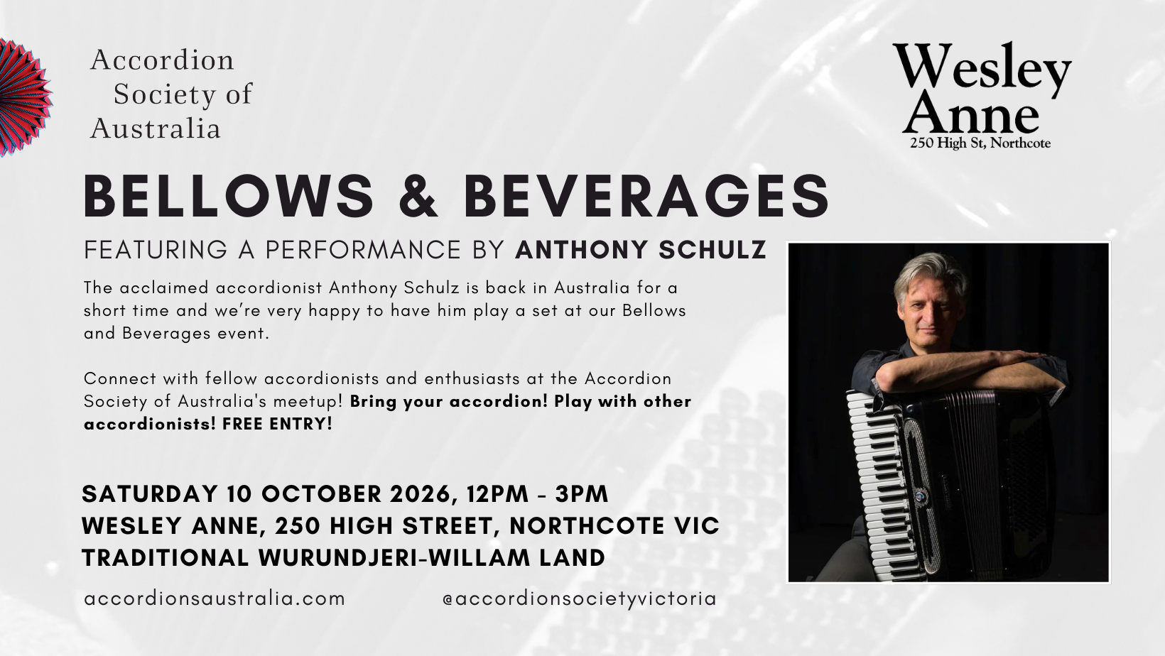ASA Victoria Bellows &amp; Beverages - October 2026 Melbourne accordion meetup