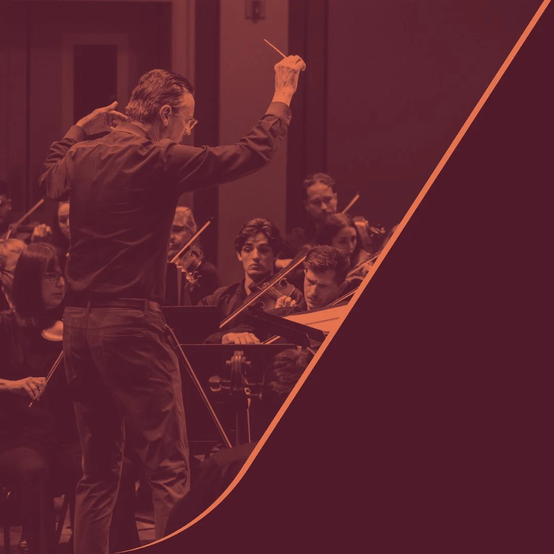 Image of conductor Chris Norton leading the orchestra in a concert, with the violin section visible beyond him.