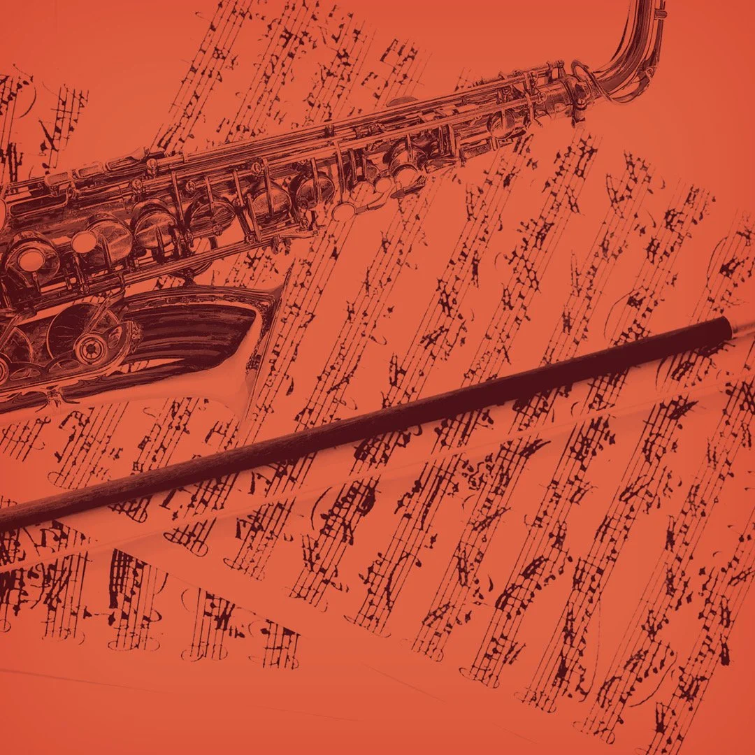 Sheet music with a cello bow and alto saxophone resting on it