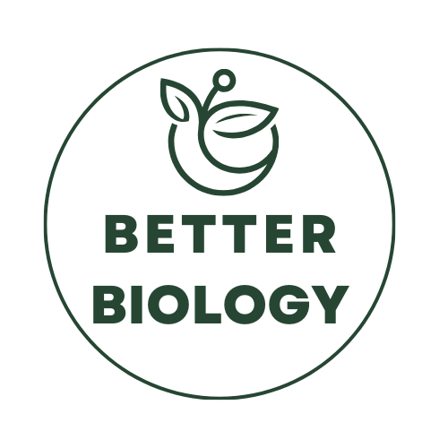 A circular logo with a stylized bee and leaf design above the text 'Better Biology' in bold letters.