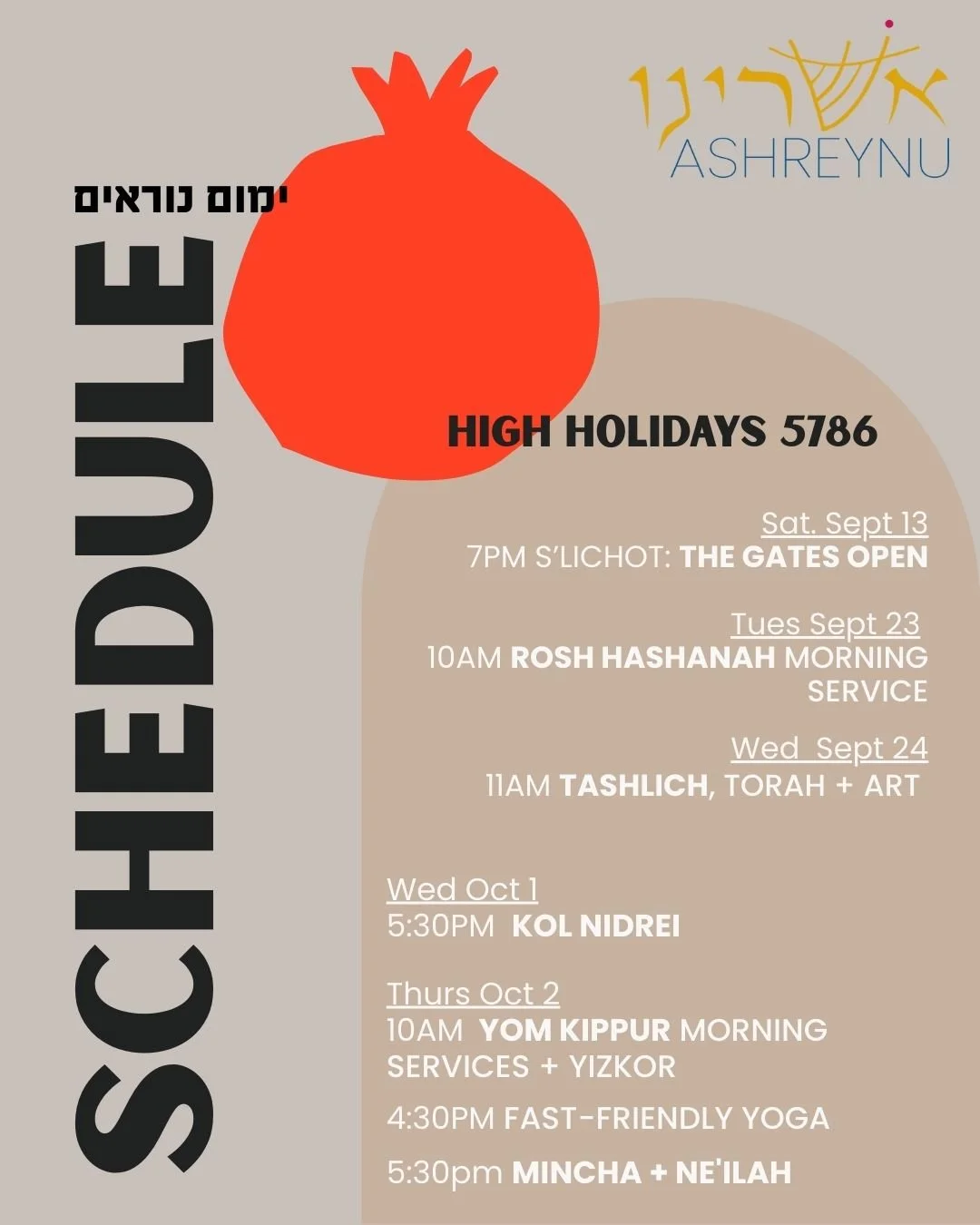 Sharing the schedule as we prep to head into September. We start with S'lichot on Saturday night, Sept 13th at 7pm. We'll learn and sing the melodies of the Yamim Nora'im and step into the themes that carry us from Elul into Tishrei and the beginning