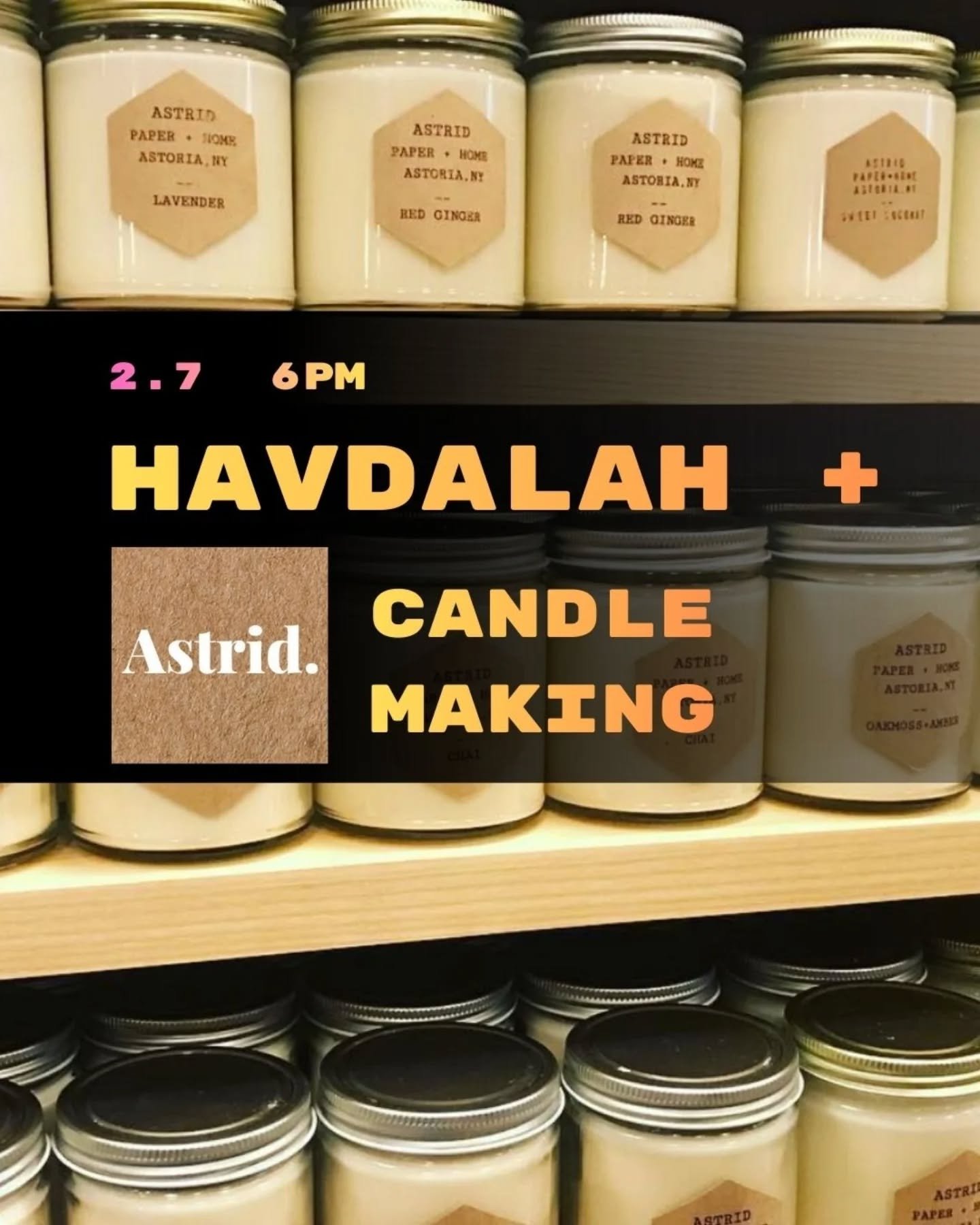 We are big fans of @astridpaperandhome and can't wait to make a special Jewish version of these gorgeous Astrid candles this Saturday night, right after Havdalah. 

Havdalah wine/snacks is open to all. Candle making will be a small group workshop. Th