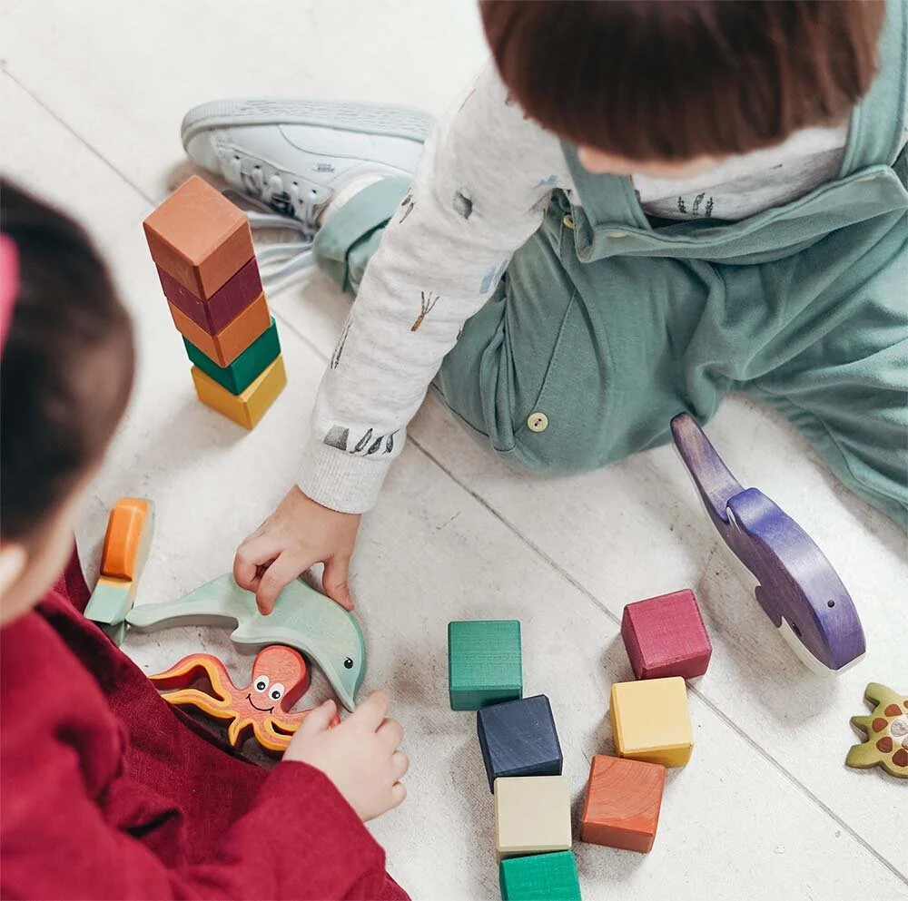 Two children playing with colorful wooden blocks and animal-shaped toys on the floor.