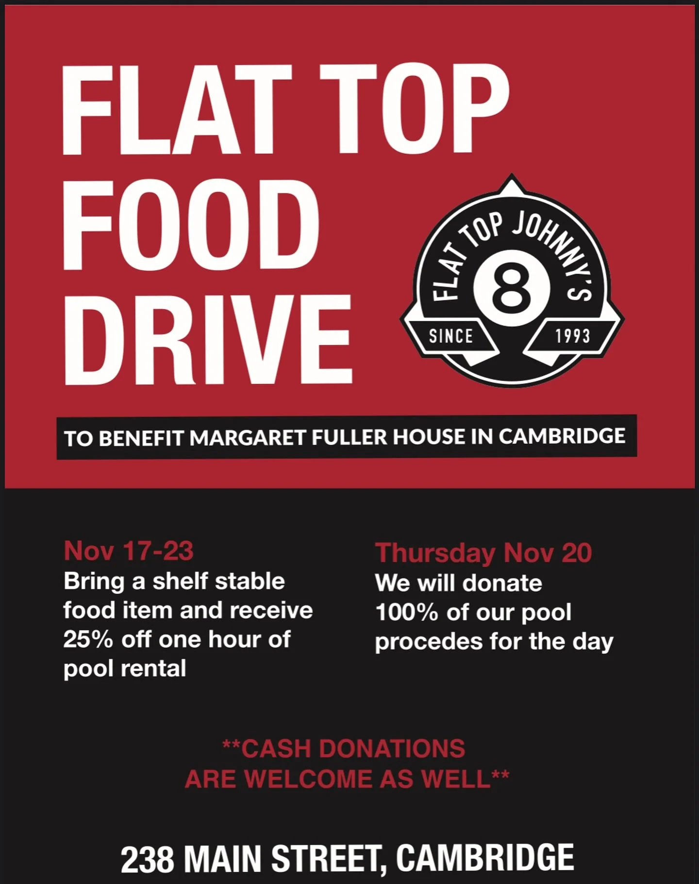 Support those benevolent pool sharks at @flattopjohnnys3.0 this week as they support their community! Pool is for the people!