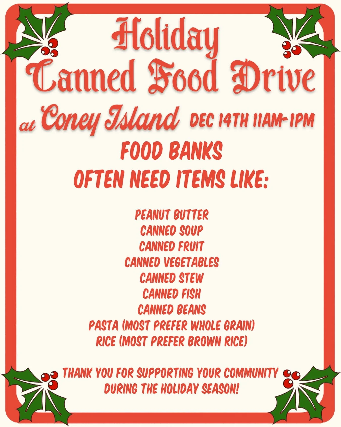 A few suggestions ahead of Sundays Holiday Canned Food Drive at @georgesconeyislandhotdogs !