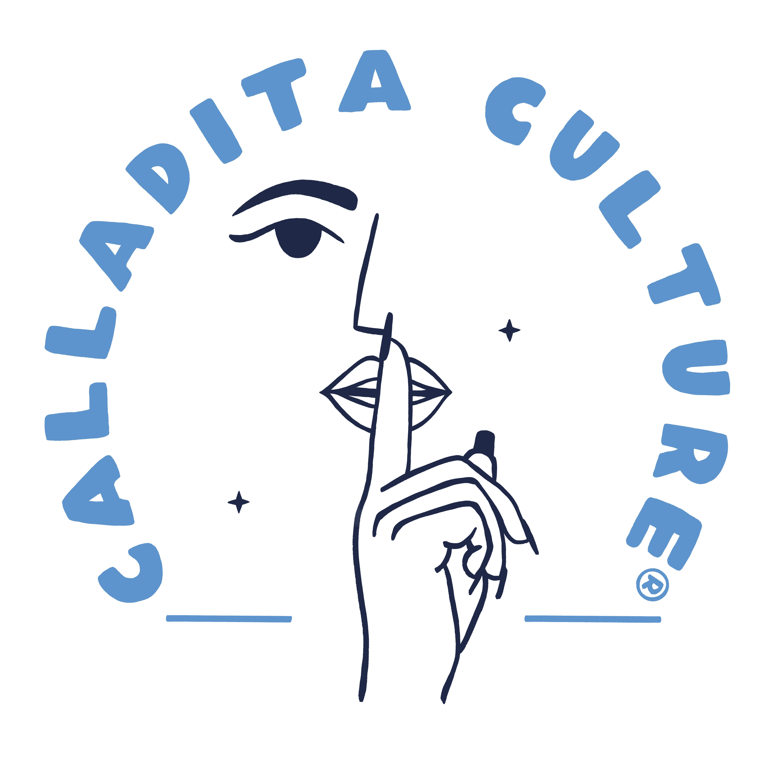 A logo with a stylized face of a woman holding a finger to her lips in a shushing gesture, with the phrase "CALLADA A CULTO" arching above in blue letters, against a white background.