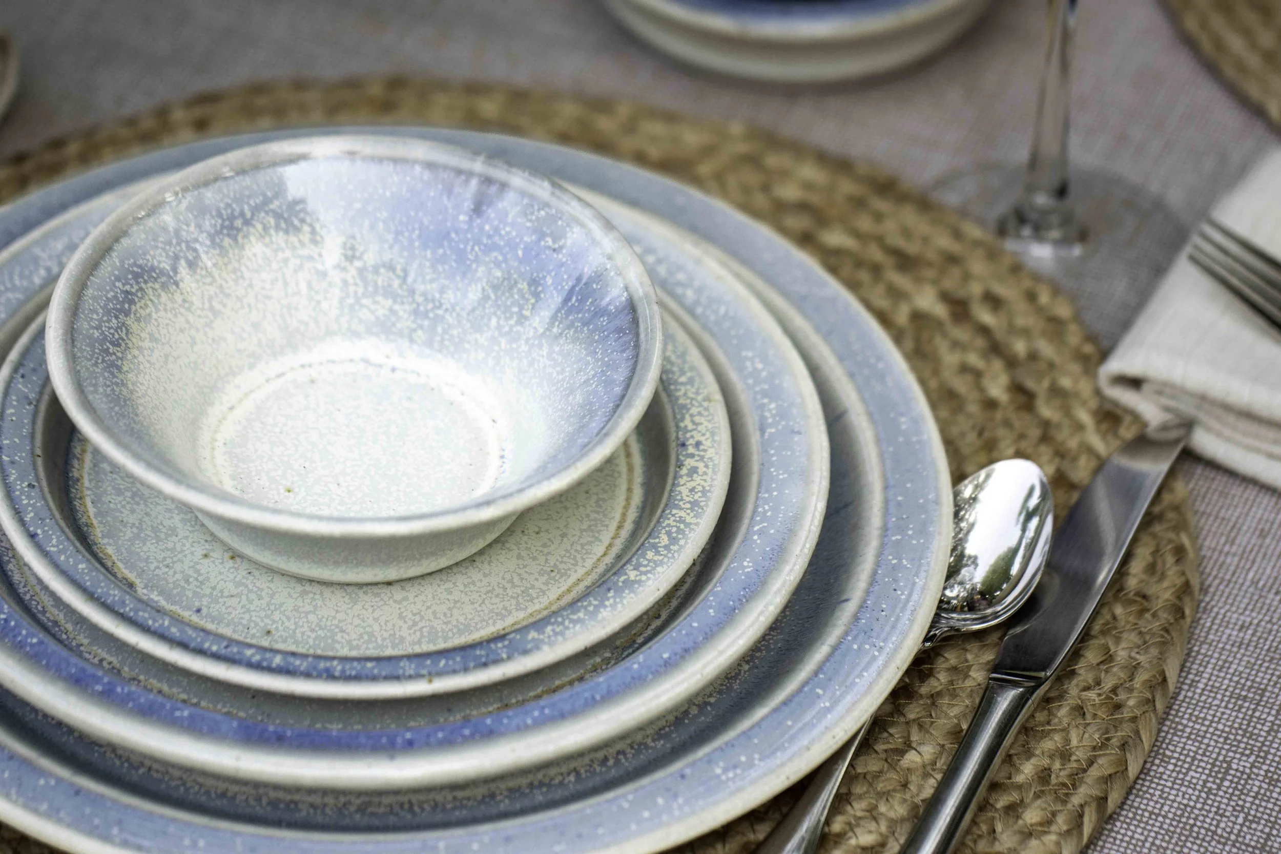 Custom blue and white ceramic pottery dishware set