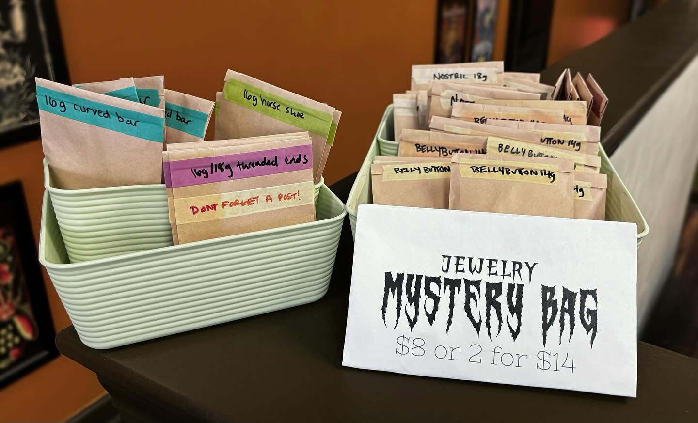 Did you know we sell jewelry mystery bags???

They are located right at the right desk and are $8 each, 2 for $14! 
Just ask whoever is at the front to purchase

#gypsykingstattoos