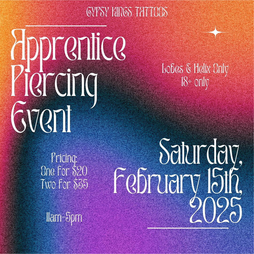 ✨Apprentice Piercing Event ✨ featuring @ainsleyvtattoo @mothervoid and @whitneyrose.ink 
Limited jewelry selections available, pricing includes jewelry. Please email gypsykingstattoos@gmail.com with any questions!
.
.
.
.
.
#mitattoos #mipiercing #ap