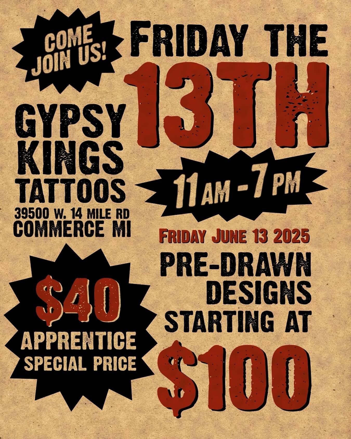 Come hang with us on Friday the 13th! We&rsquo;ll have four artists @emilybee_tattoos @ainsleyvtattoo @artistw1 @whitneyrose.ink and one apprentice @mothervoid available all day for flash tattoos! Our artists will post their available designs as they