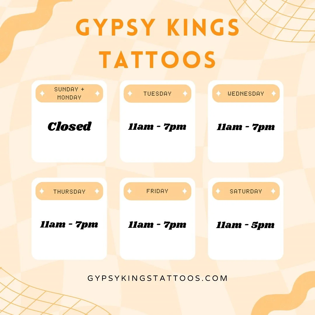 🔔 Updated shop hours! 🔔

We are currently closed Sundays and Mondays
Tuesday - Friday we are open 11am-7pm
Saturday open 11am-5pm

Contact Wen, Whitney, or Ainsley to schedule your next tattoo appointment!

@artistw1 @whitneyrose.ink @ainsleyvtatto