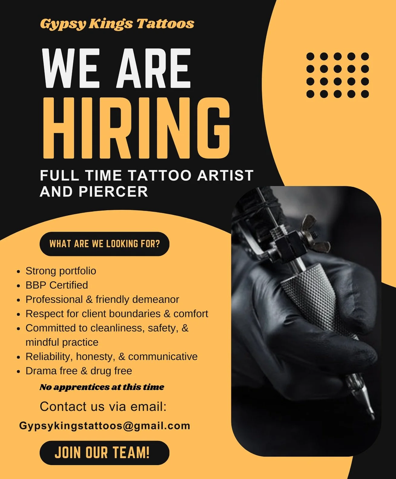 We are looking to add new tattoo artists and piercer to our team!

Some of the things we are looking for in a team member:

- A strong portfolio
- Bloodborne pathogen certified
- A professional and friendly demeanor
- Respect for client boundaries an