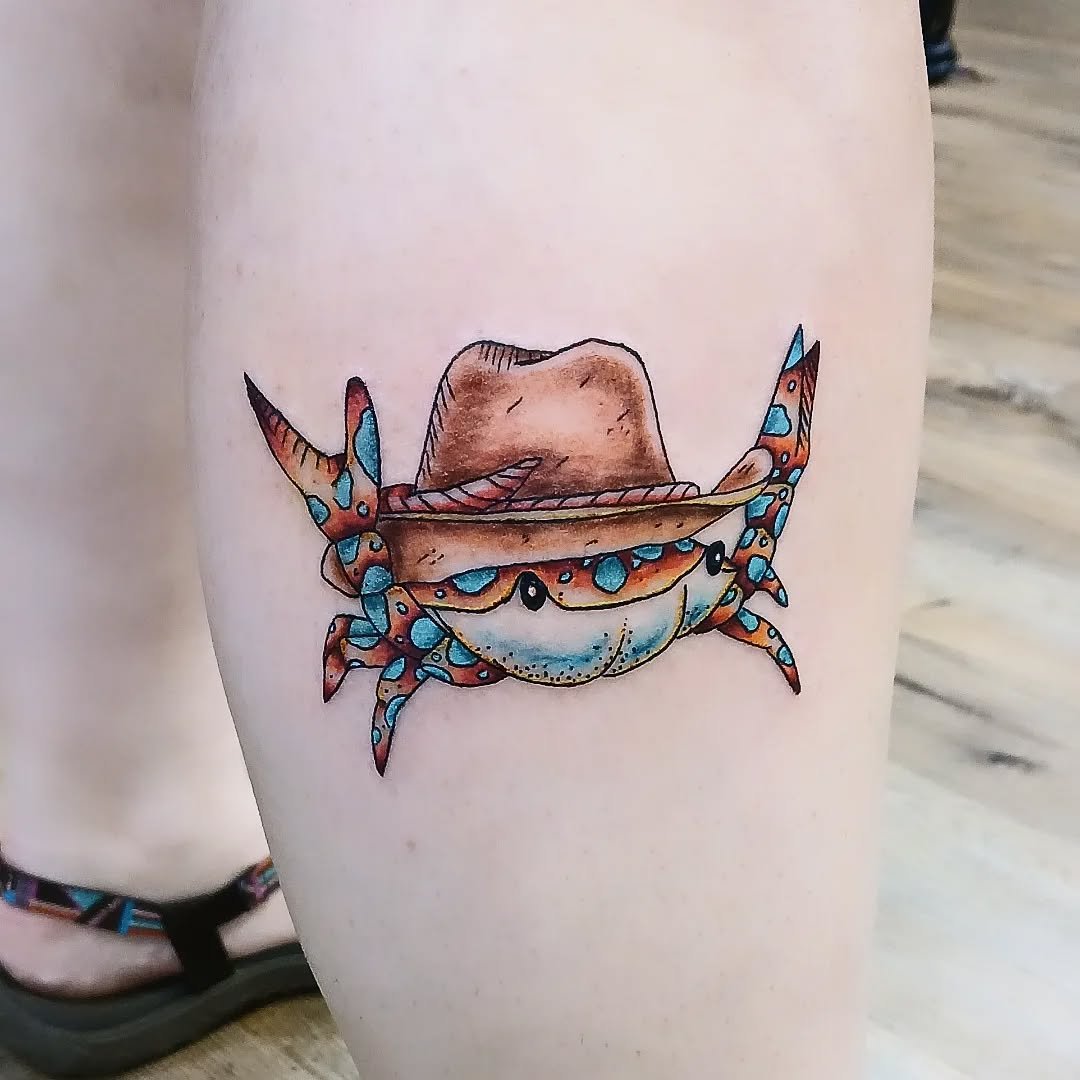 Fun crab 🦀 guy I got to do from my flash! 
.
.
.
.
.
.
.
.#tattooartist #tattoo #tattoos #tattooart #artist #tattooing #bodyart #tattoodesign #tattooideas #drawing #colortattoo #crabtattoo