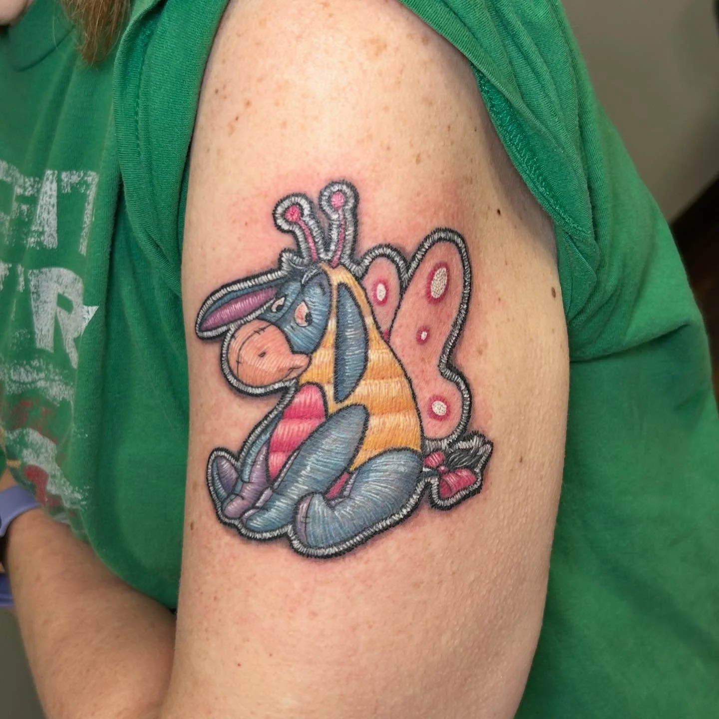 Embroidery style tattoo by our very own @emilybee_tattoos Emily loves to work in color and has an eye for the details! If you&rsquo;d like your very own permanent patchwork, contact Emily today. 

#embroiderytattoo #patchtattoo #michigantattooers #mi