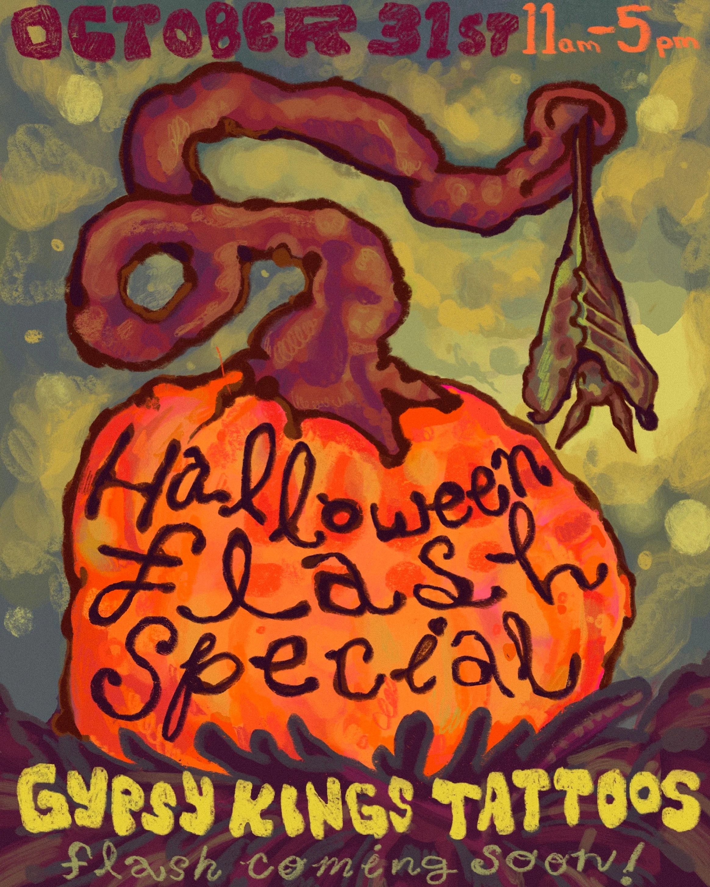 HALLOWEEN FLASH SPECIAL! 🎃👻🦇🧛🏼&zwj;♂️
when: October 31st 11am-5pm 
Where: Gypsy Kings 
Flash and price details coming soon!! 

#halloweenflash #flashtattoos #tattooartist #tattoo