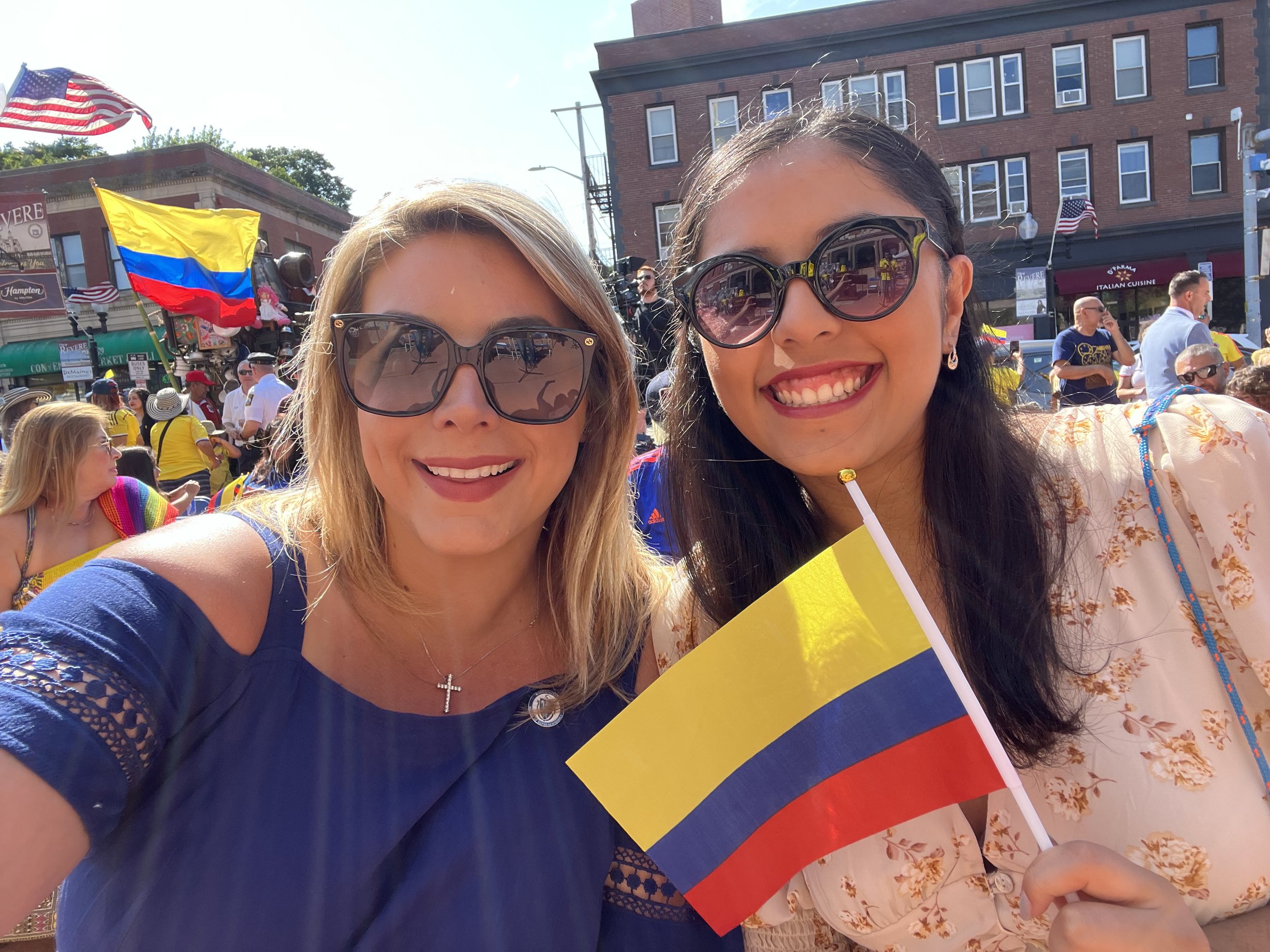 School Committee Member Monterroso celebrates Colombia's Independence Day and the raising of Colombia's flag at Revere City Hall with State Representative Jessica Giannino.