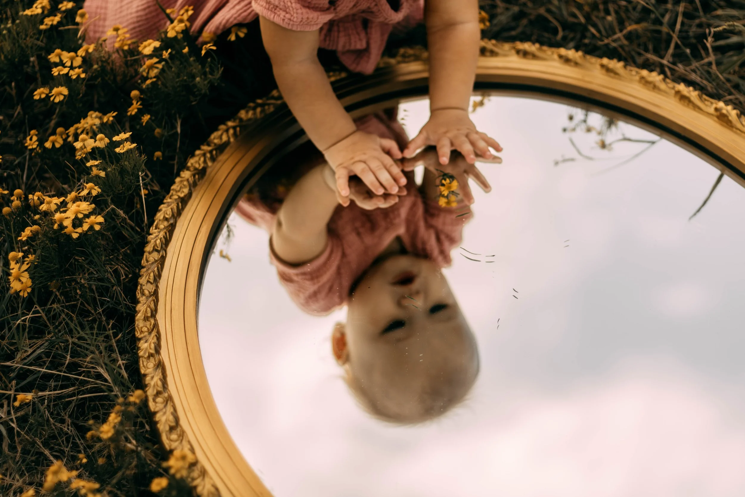 A young child looks at her reflection in a round mirror placed outdoors, surrounded by yellow flowers and grass during cloudy weather.