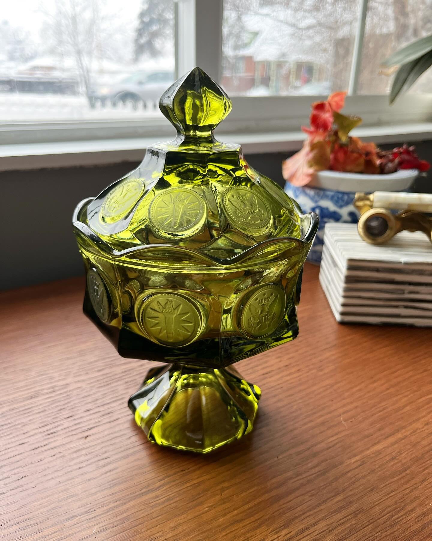 Found this little gem in last weekend&rsquo;s haul. Mid-Century Fostoria Olive Green Coin Dot Candy Dish with Lid. Available for $45.

Vintage items are pre-owned and may show signs of age, love, and character.

- Comment SOLD on item or DM to purcha