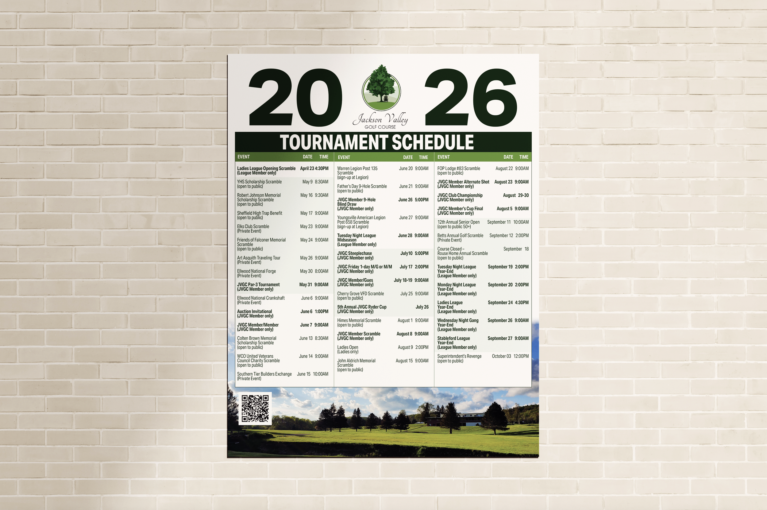 Tournament schedule poster for Jackson Valley Golf Course for the year 2026, listing various golf events, dates, and times with a logo of a tree at the top and a landscape photo at the bottom.