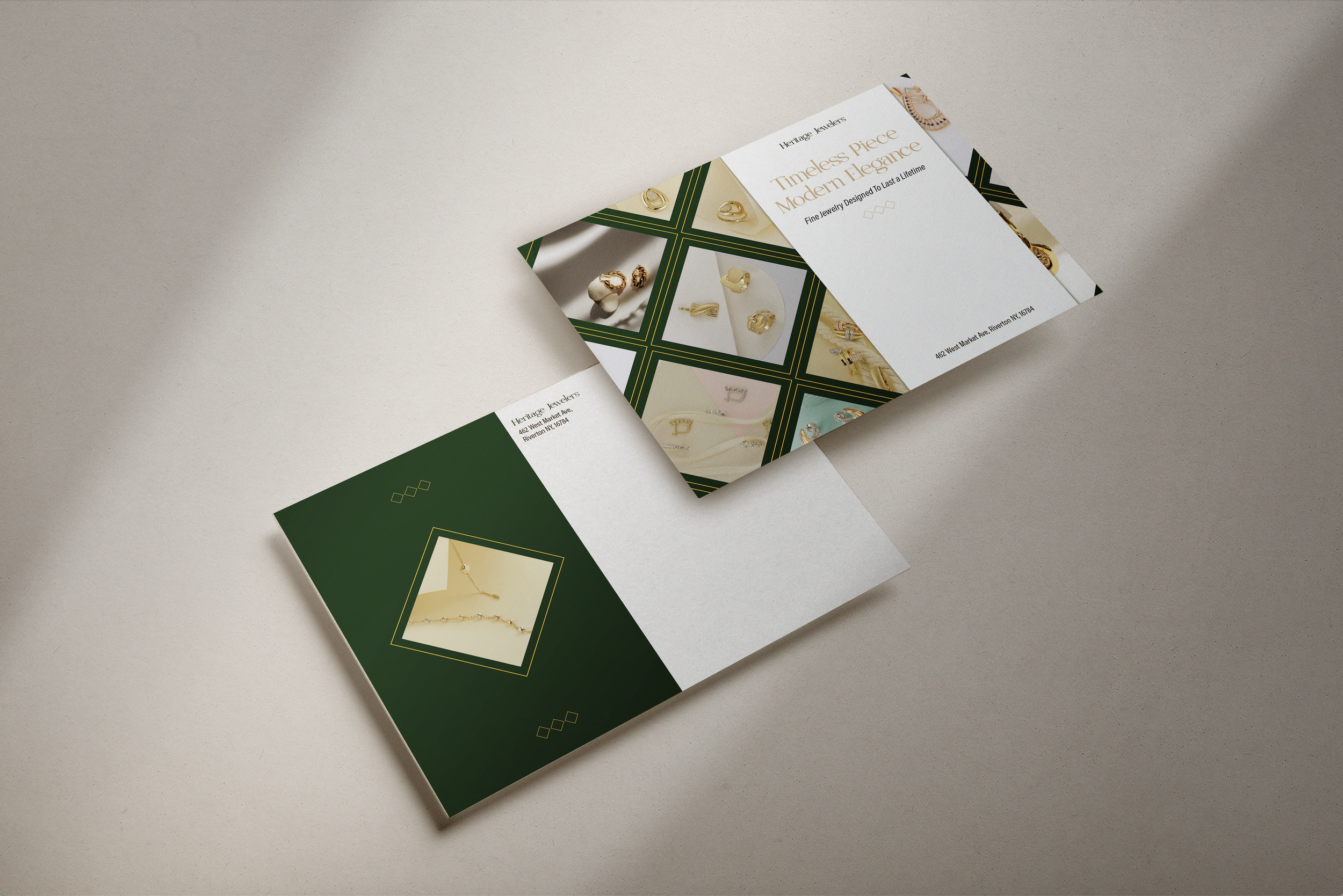 An open brochure featuring jewelry, including gold earrings and necklaces, displayed on a white and green background with text describing the pieces as timeless and elegant.