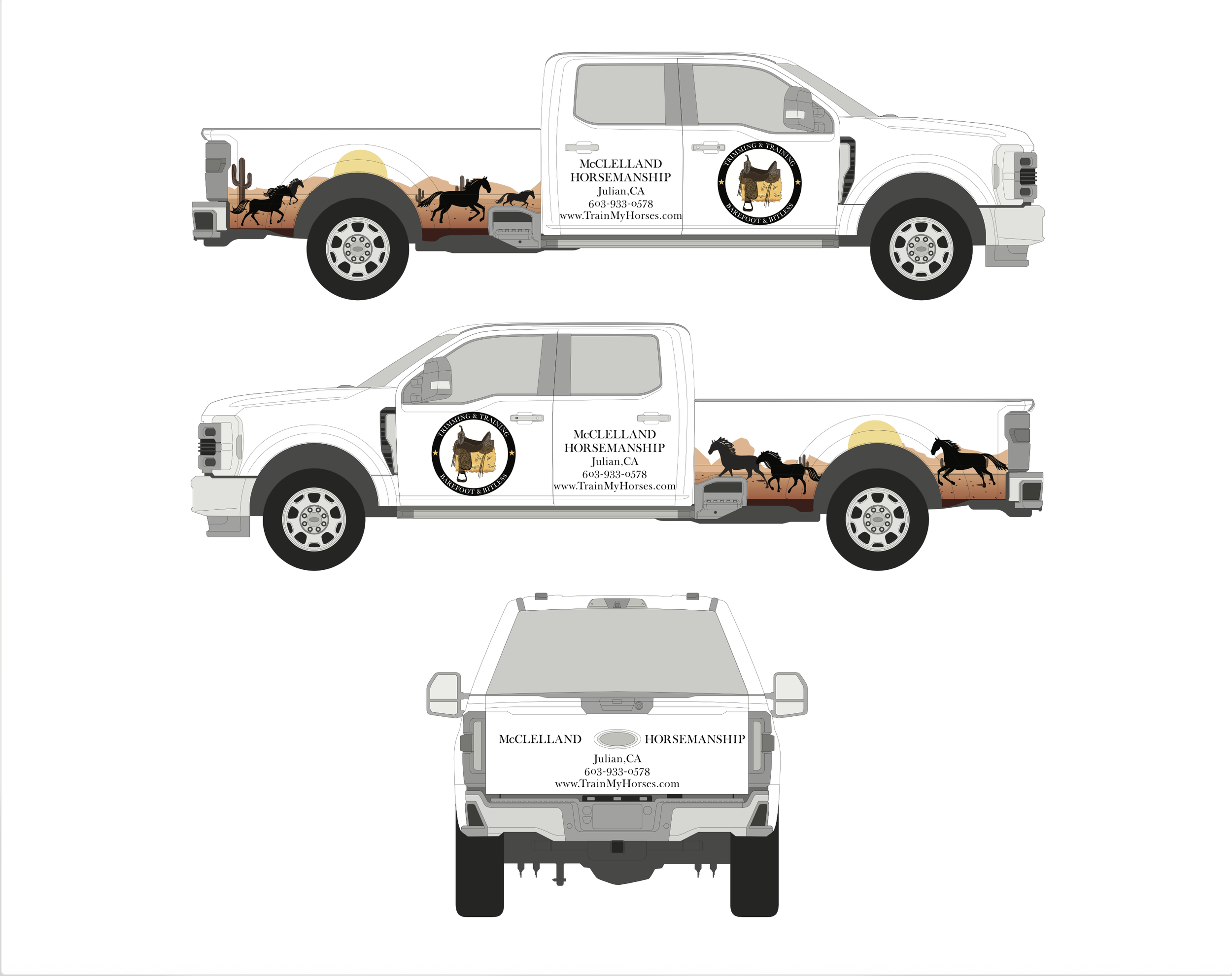 Illustration of a pickup truck for McClelland Horsemanship with desert sunset, cacti, horse silhouettes, and company contact information.