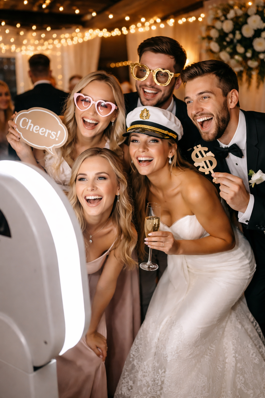A group of six wedding guests, including a bride in a white gown and a groom in a tuxedo, celebrating with fun accessories like glasses and signs, taking a photo together at a wedding reception.