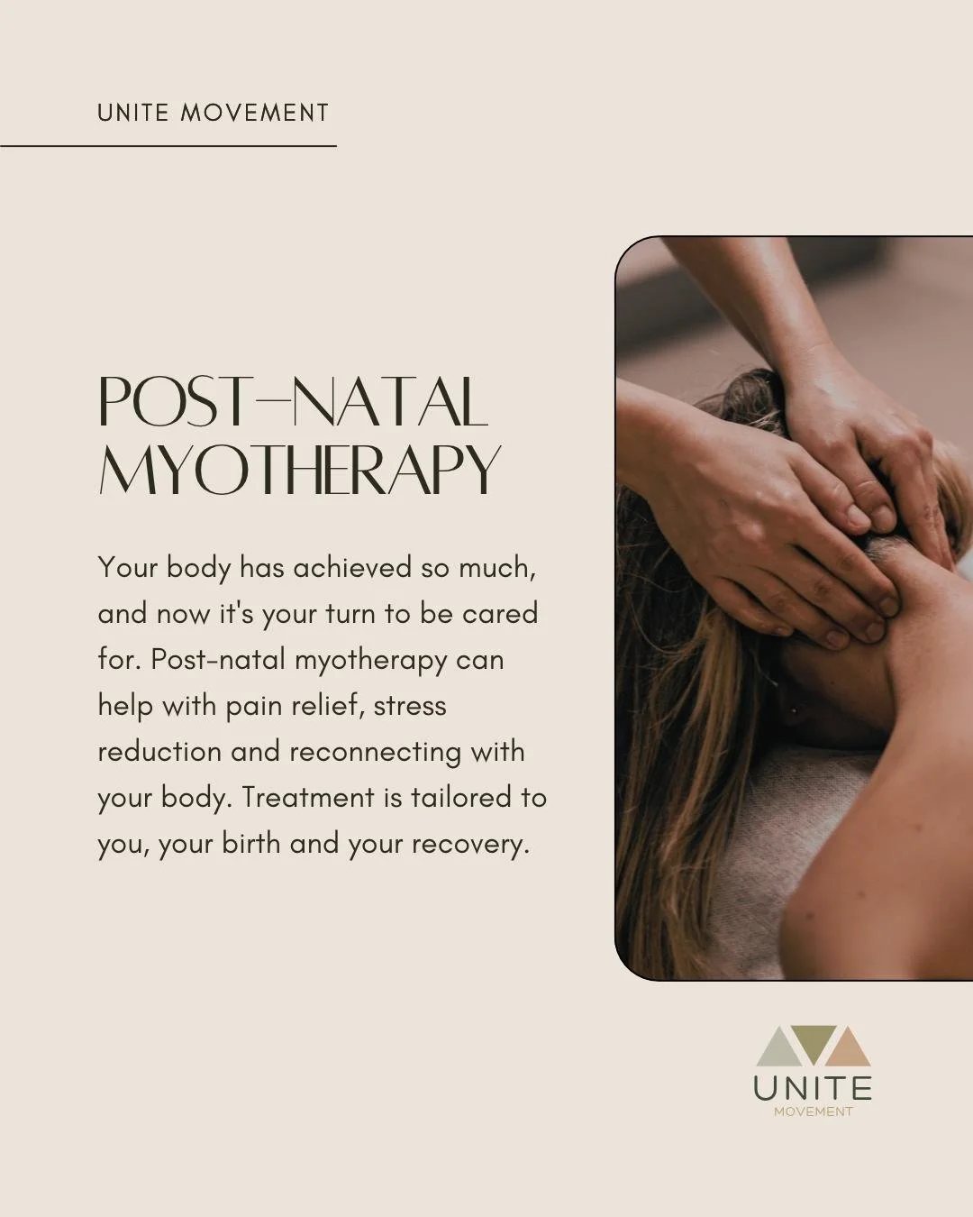 You deserve to feel good in your body after having a baby. 🤍

Post-natal myotherapy can help with pain relief, stress reduction and reconnecting with your body. We take a holistic approach, looking at the whole picture, including sleep, birth circum