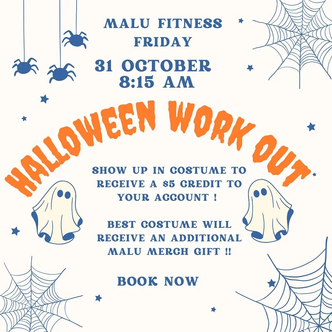💀It&rsquo;s Spooky Season! Join us in the studio this Friday on Halloween 🎃 at 8:15am dressed up in your best costume to receive a treat ($5 credit to your account)! Best costume will win some Malu Fitness Merch! Grab your guys and ghouls 👻 cause 