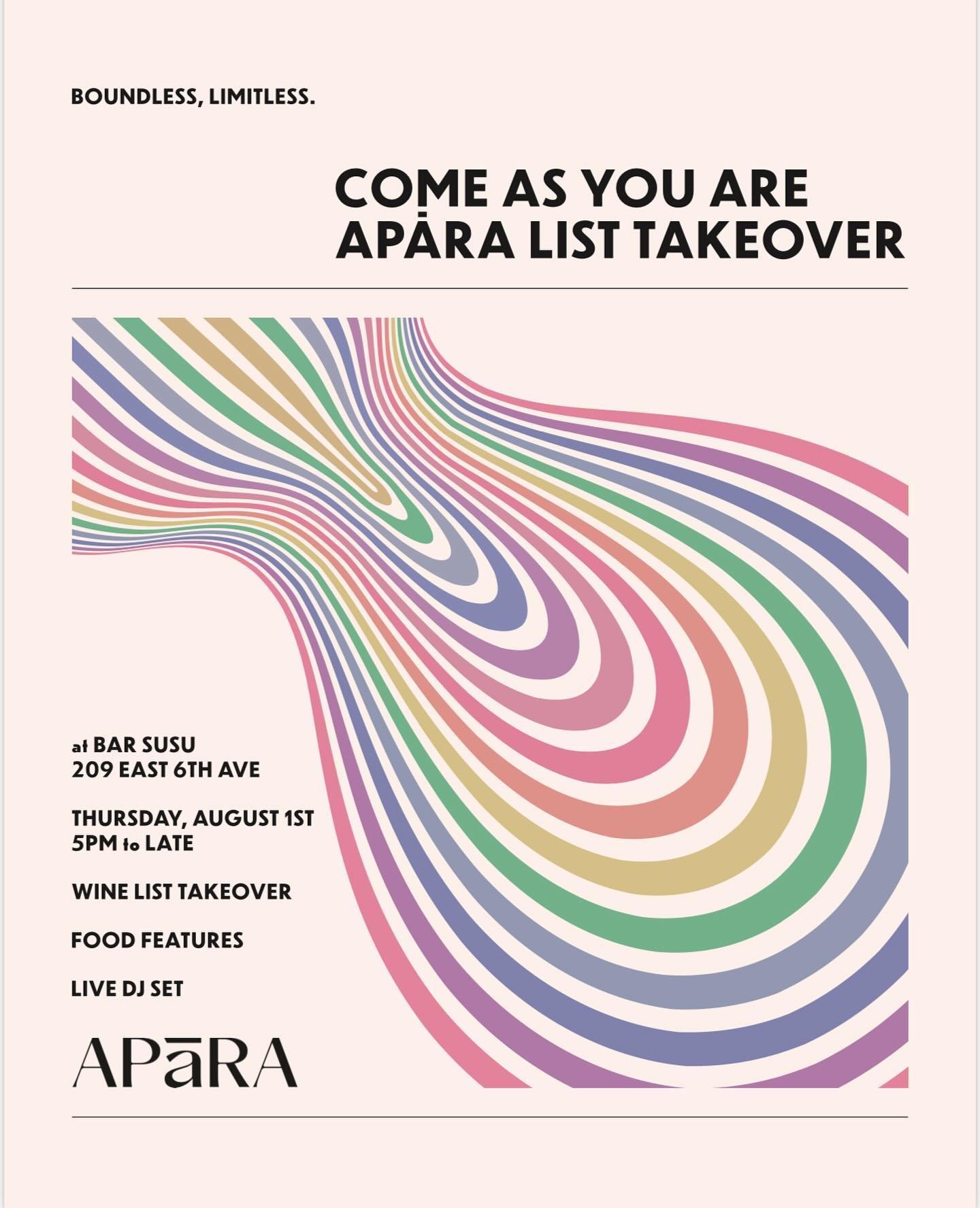 Reminder this Thursday we take over the Bar Susu wine list!!

Join Andy and Nav, as well as some friends to eat, socialize and have some Apāra wines!