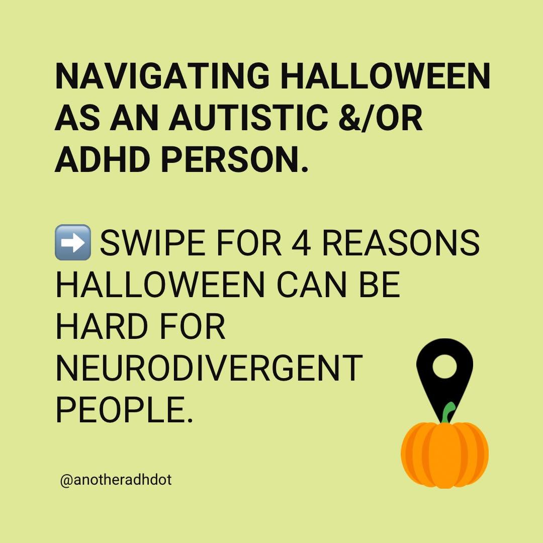 Halloween is fun but can be tricky for neurodivergent teens and adults. As an ADHD OT and neurodivergent person myself, here are some common challenges:

🎃 Sensory Sensitivities: Loud noises, bright lights, and costumes can trigger overload.
⏰ Chang