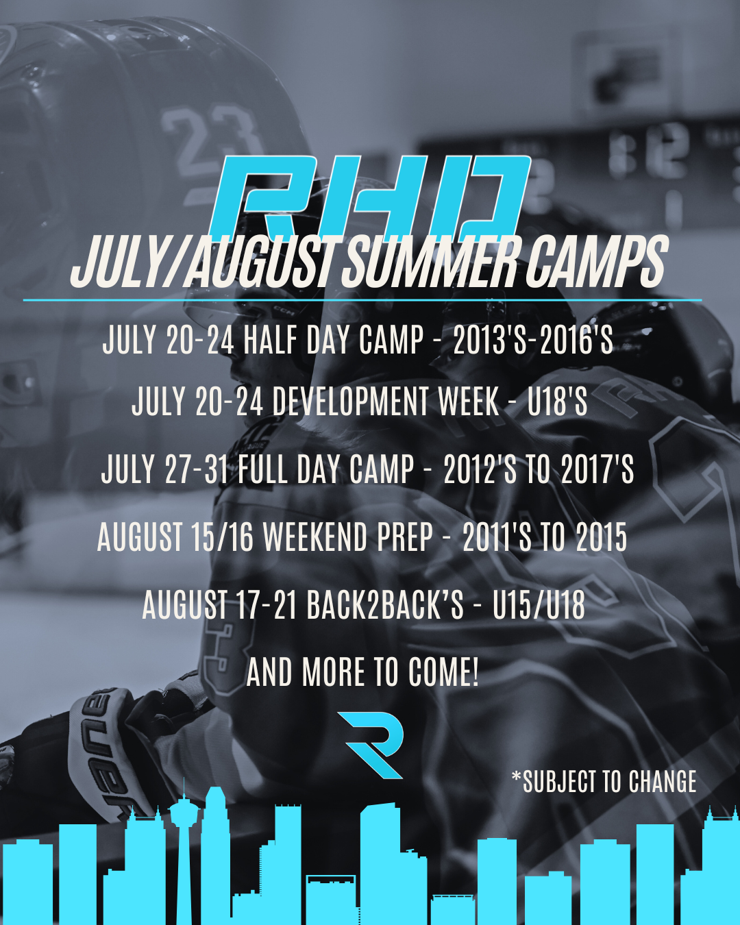 Poster advertising Rush Hockey Development summer hockey camps through July and August, featuring dates, and activities including half-day, full-day camps, development week, weekend prep, and back-to-back sessions for youth ages 2011 to 2016.