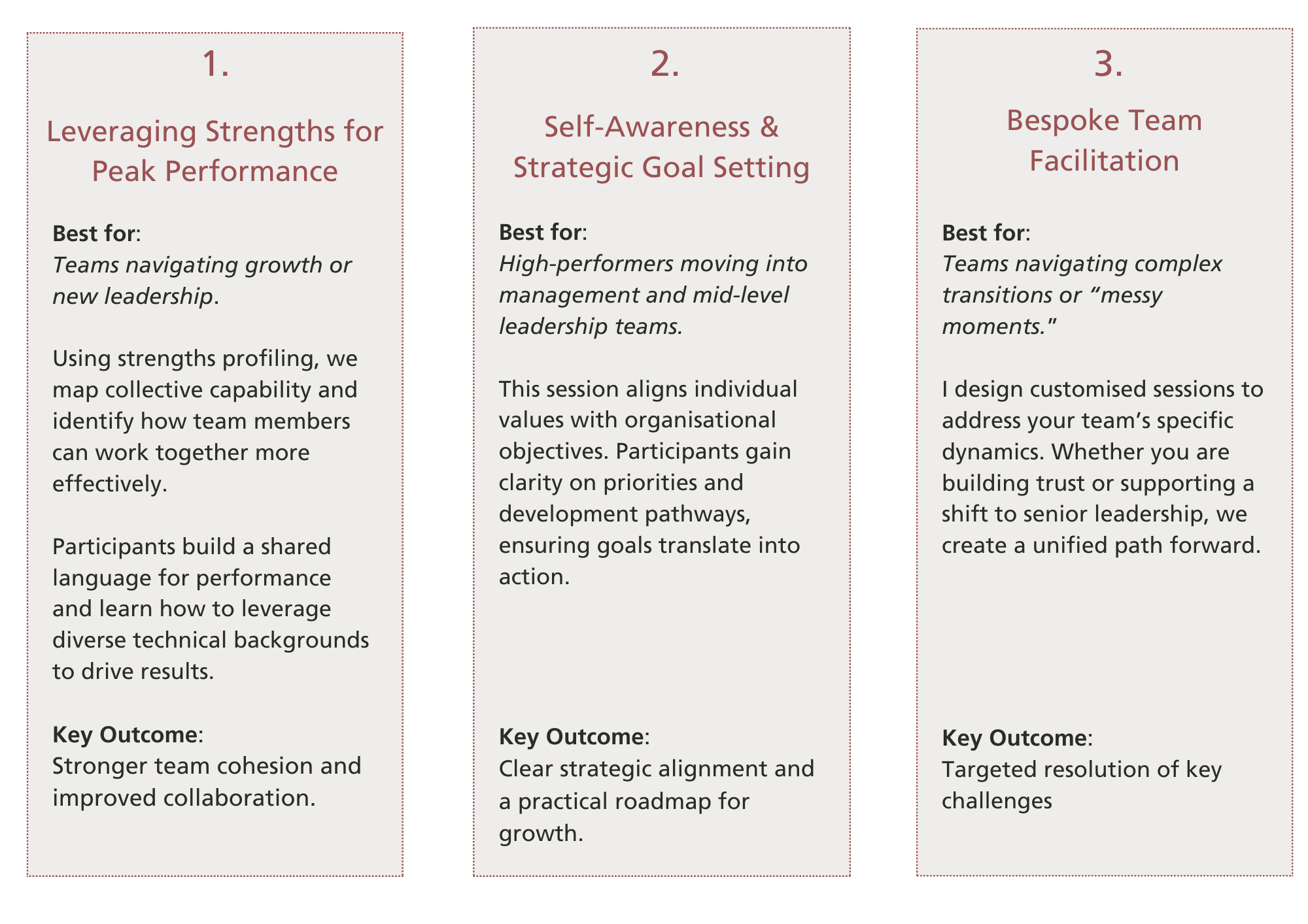 Three columns of text on a white background with dotted borders. The first column discusses leveraging strengths for peak performance, the second covers self-awareness and strategic goal setting, and the third focuses on bespoke team facilitation. Each column includes a 'Best for' section and a key outcome statement.