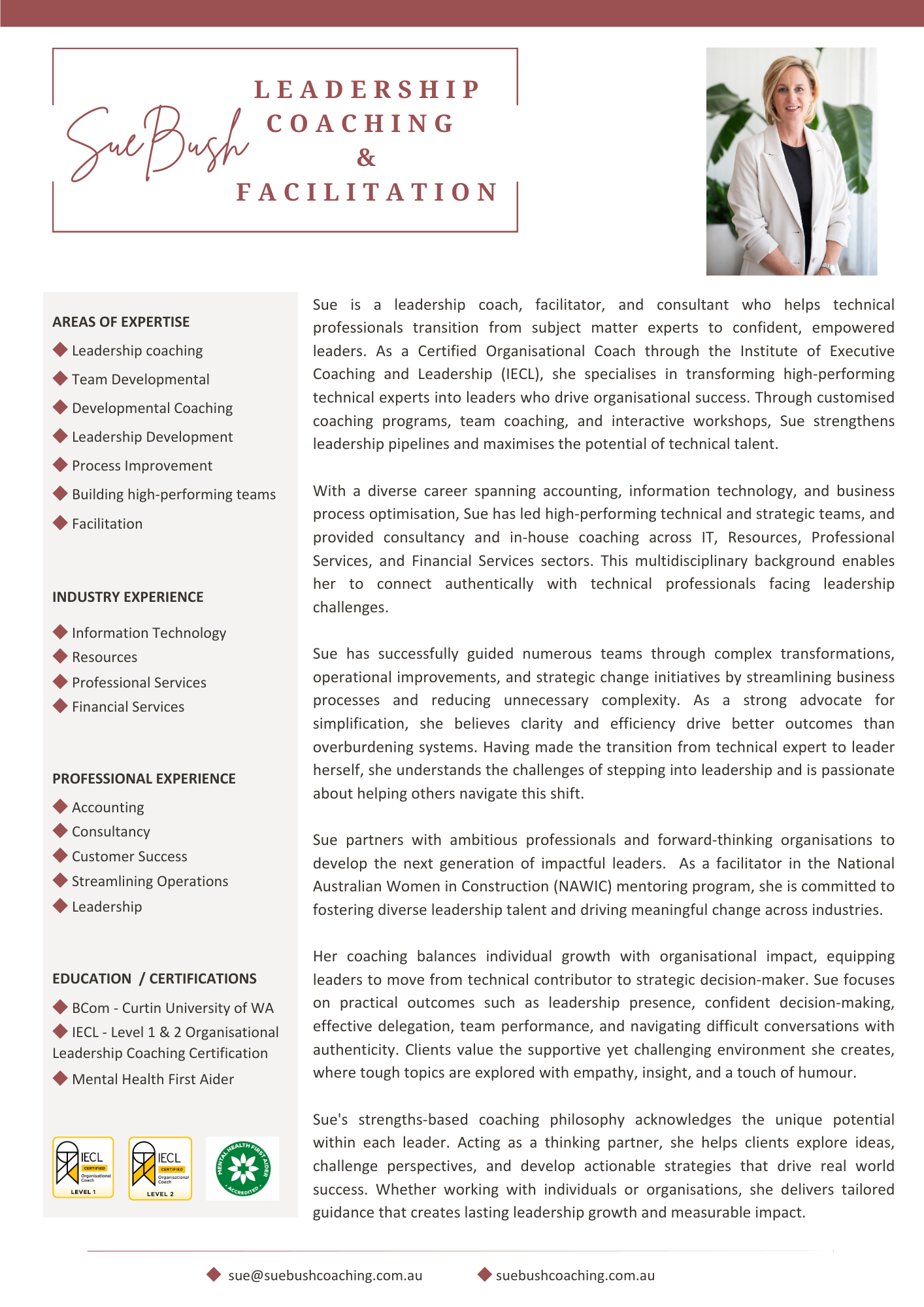 Business profile flyer for Sue Bush, leadership coach, facilitator, and consultant, including a professional photo, sections on expertise, experience, education, certifications, and contact information.
