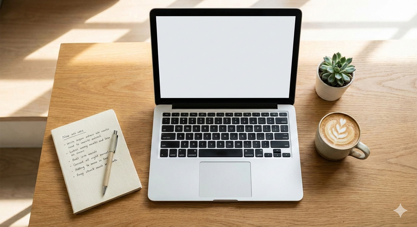 A wooden desk with a silver laptop, a notebook with handwritten notes and a pen, a small potted succulent, a cup of coffee with latte art, and a second small potted plant.