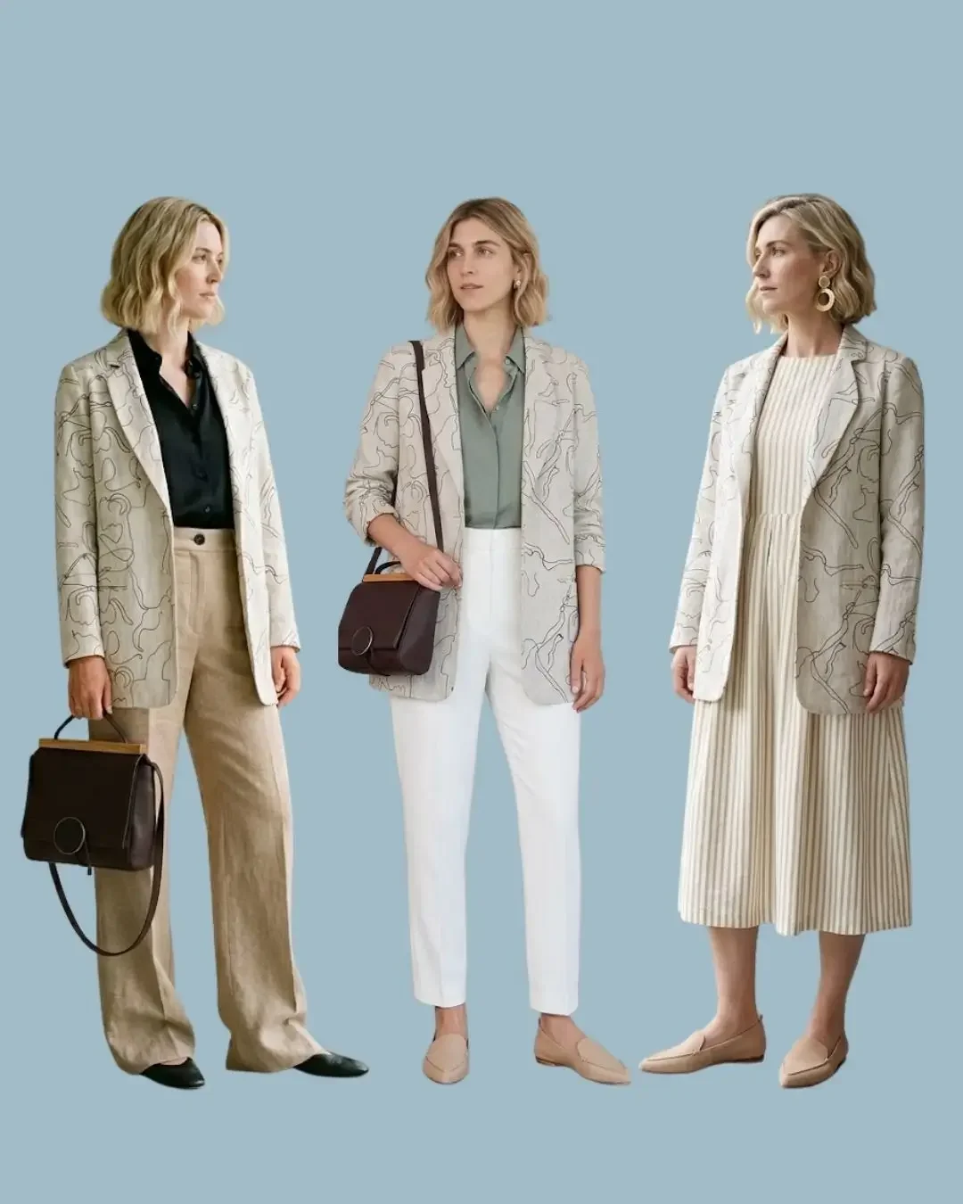 Business casual for warm weather: linen blazer over shirt and trousers, and with midi dress