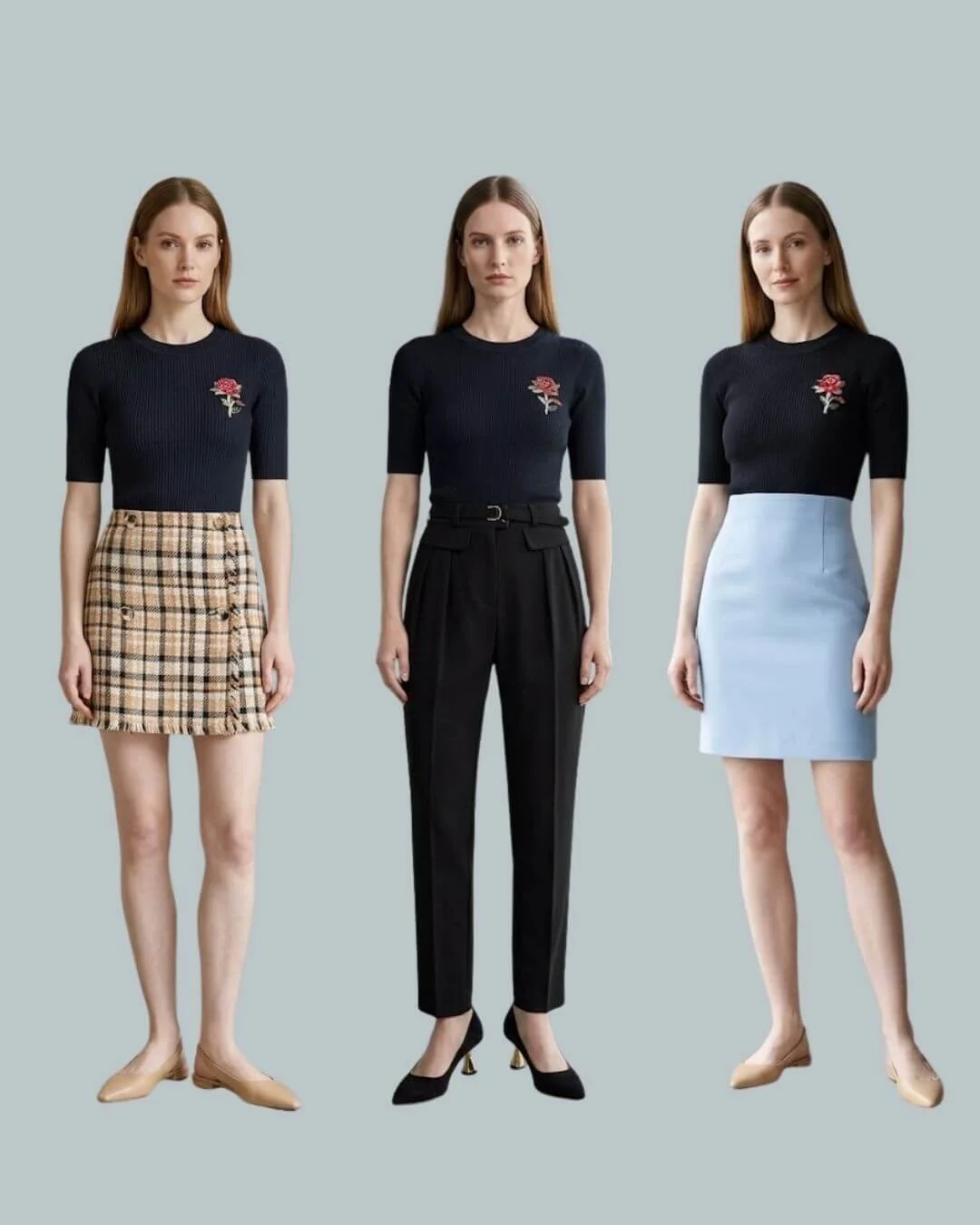 Navy knitted top with rose embroidery styled three ways for petite proportions: with plaid skirt and nude flats, tucked into black trousers with black heels, and paired with blue skirt and nude flats