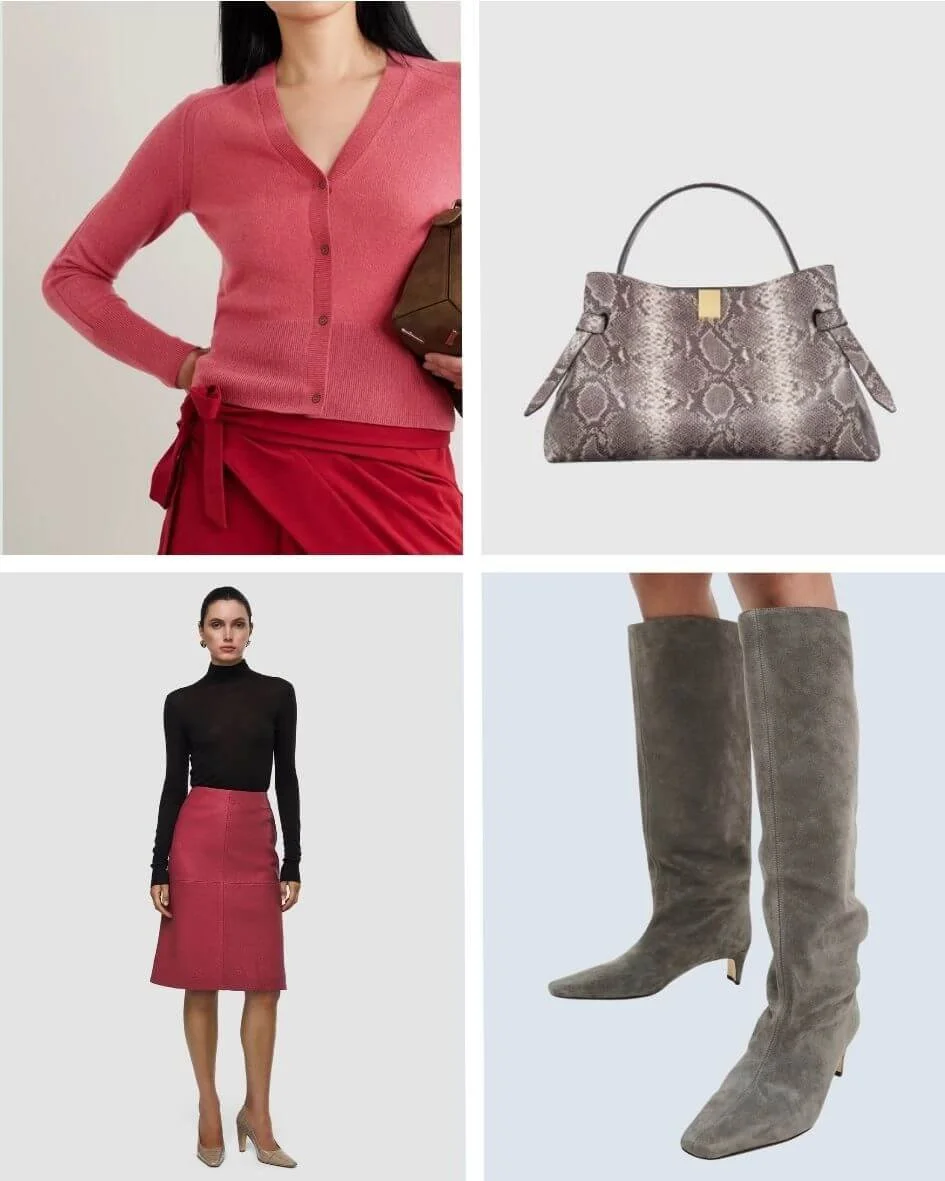 Monochrome pink outfit with a cropped cashmere cardigan and pink leather skirt, finished with grey knee-high boots and a grey snakeskin bag.