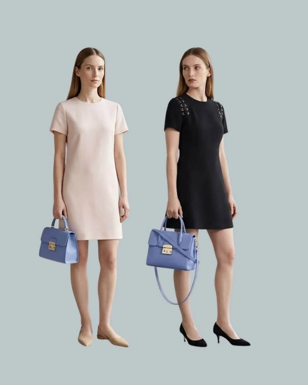 Two petite capsule wardrobe dresses: blush shift dress with nude flats and blue bag, and black dress with eyelet shoulder detail, black heels, and blue bag — both hemlines landing just above the knee on a petite frame