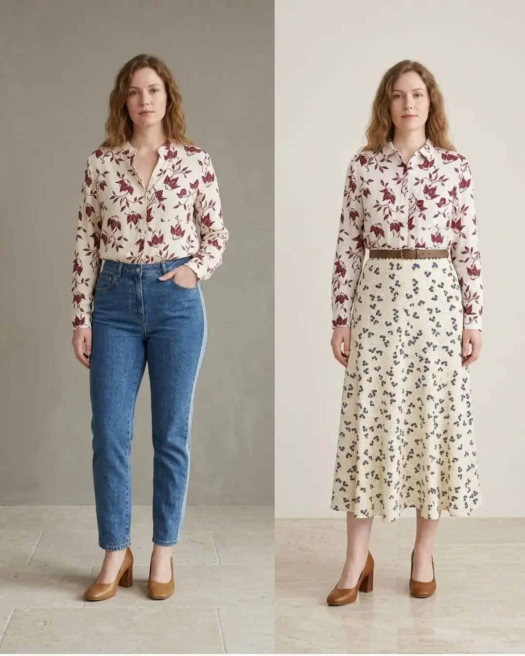 Two pear body shape outfits side by side, a white floral button-down with straight-leg blue jeans and the same button-down with a cream printed midi skirt