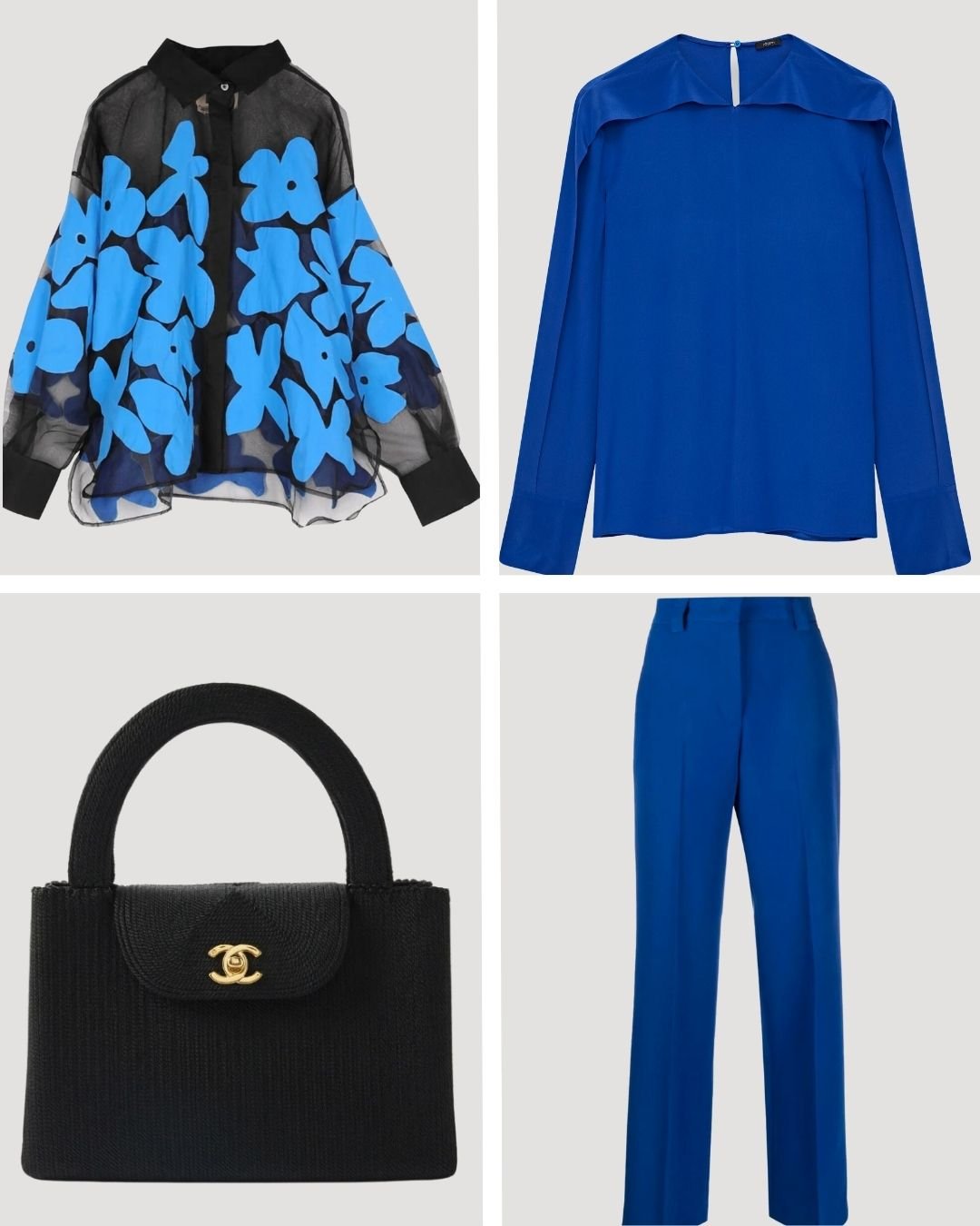 Starry Night inspired capsule wardrobe featuring a sheer black blouse with blue floral print, cobalt blouse and trousers, and a rare vintage black Chanel top-handle bag.