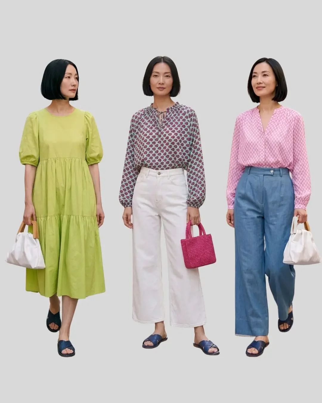 Spring capsule wardrobe outfits in a cool colour season palette — green tiered dress, printed blouse with white pants, and pink blouse with blue linen pants