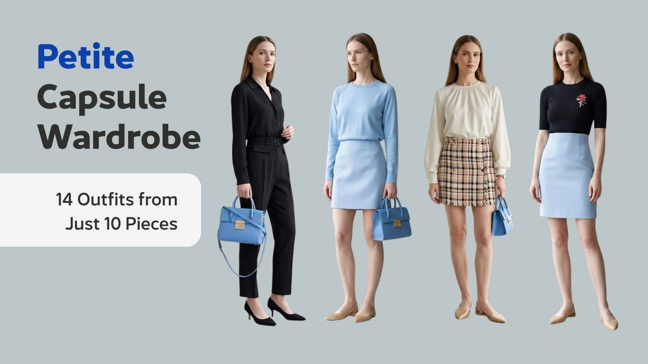 Petite Capsule Wardrobe: 14 outfits from just 10 pieces, showing four outfit combinations on a petite frame