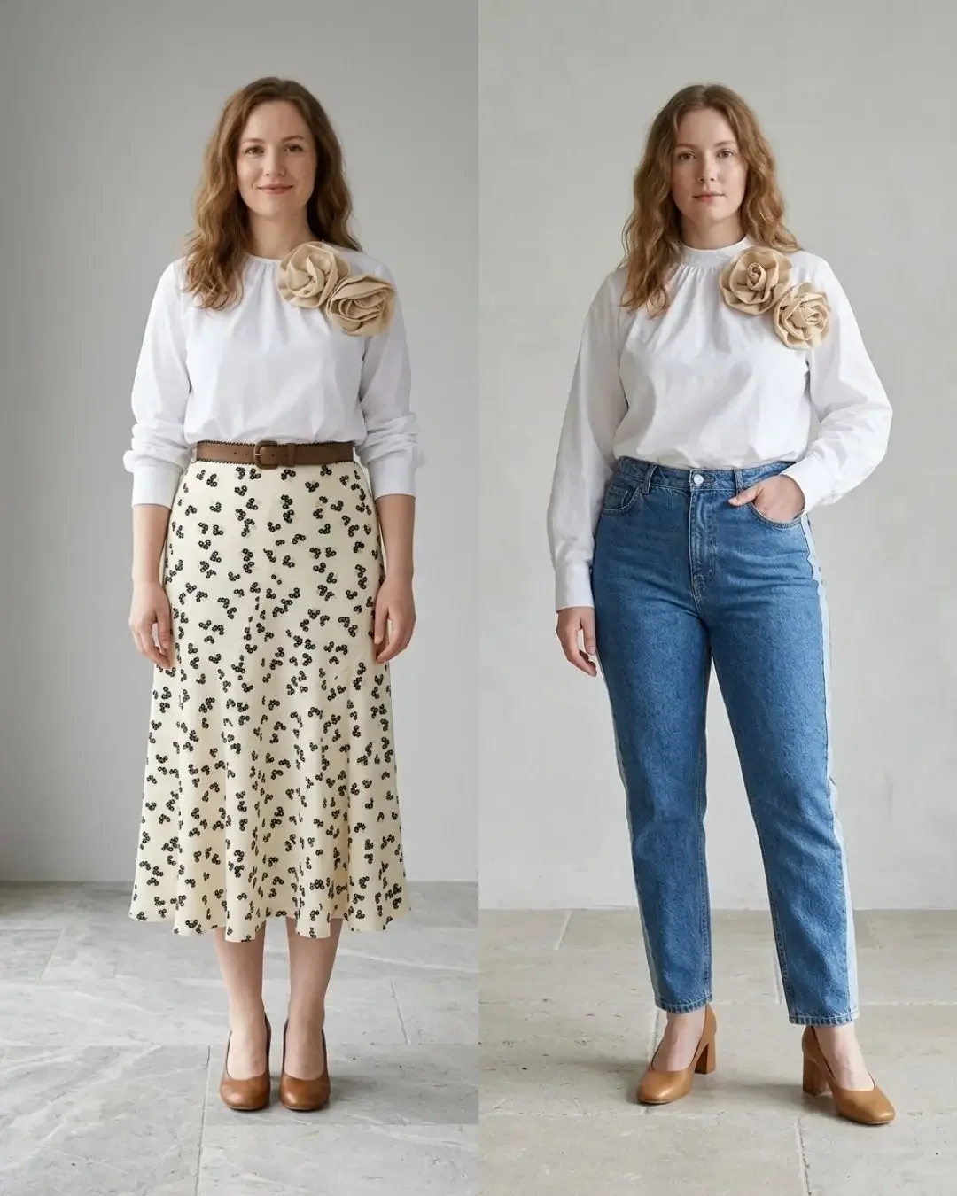 Two pear body shape outfits side by side, a cream blouse with removable flower brooch styled with a cream printed midi skirt and with straight-leg blue jeans