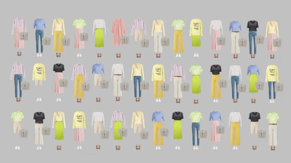 Over 30 outfit combinations created from a capsule wardrobe of 10 pieces in a light spring colour palette