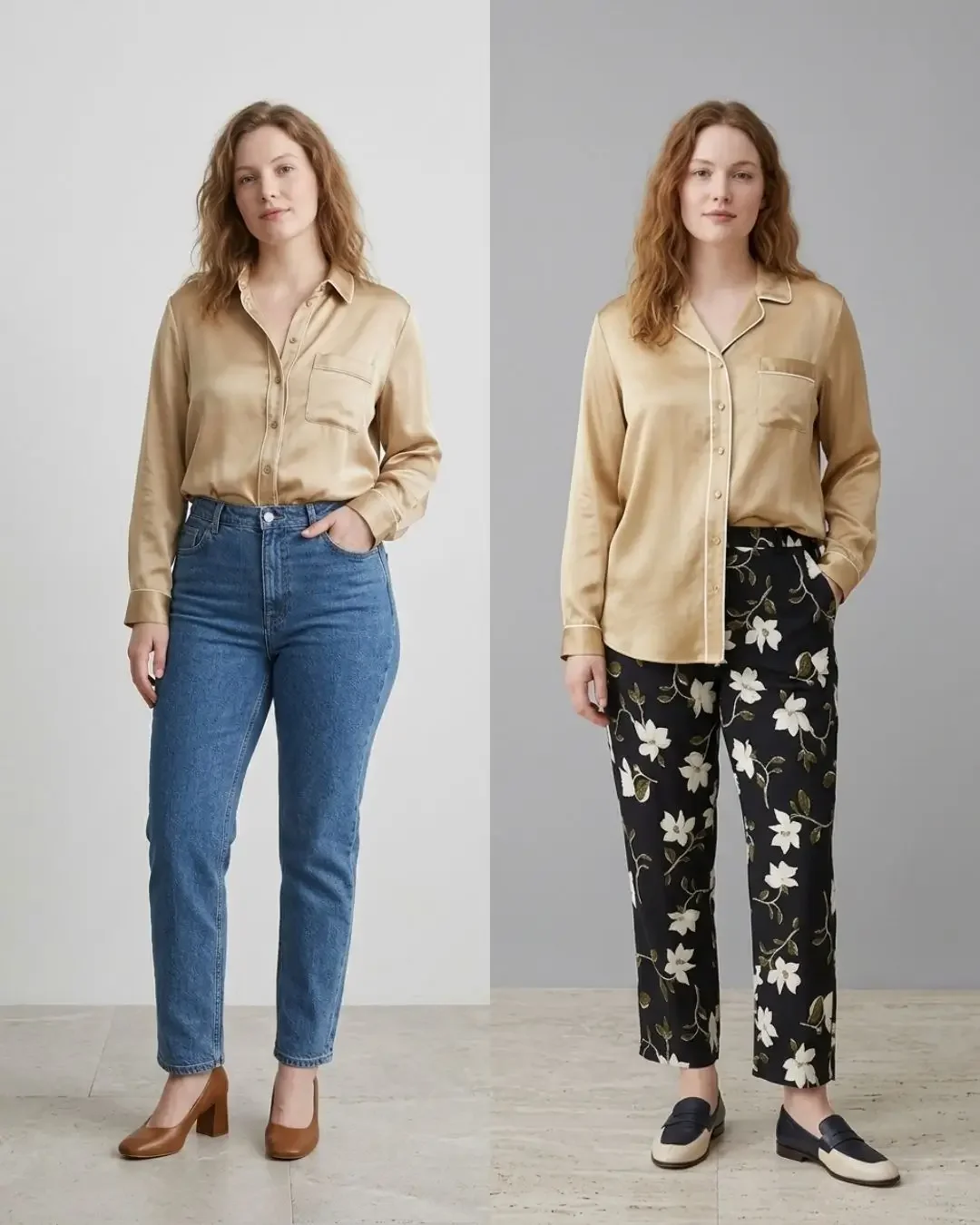 Two pear body shape outfits side by side, a gold satin shirt with straight-leg blue jeans and the same shirt with floral print straight trousers